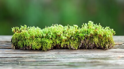 Poster - Lush island of vibrant green moss rising from a wooden table surface outdoors : Generative AI