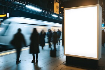 Poster - Metropolitan subway station with commuters and bright blank advertisement : Generative AI