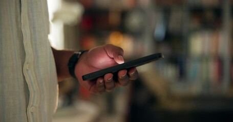 Poster - hand, phone and texting in home with chat on mobile app, connection and scroll for post on web. pers