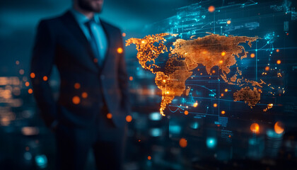 Poster - Businessman in suit with glowing world map and data visualization