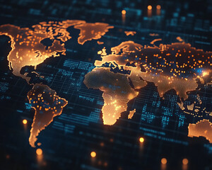 Poster - world map with glowing data points showcasing global connections and technology