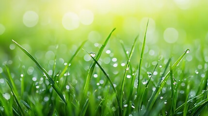 Poster - Closeup of fresh green grass with dew drops and blurred bokeh background : Generative AI