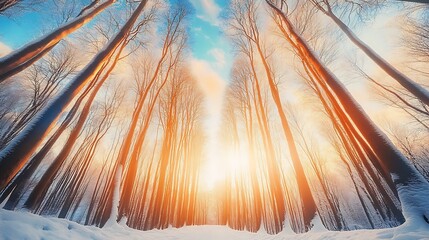 Poster - breathtaking winterforest at sunrise captured vertically with majestic tall trees and radiant sunlight : Generative AI