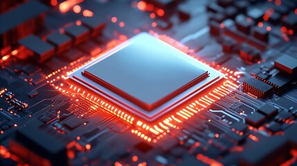 Poster - Hightech illuminated semiconductor on intricate motherboard for data processing : Generative AI