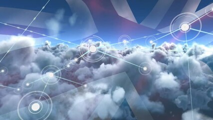 Poster - Network connections and united kingdom flag animation over clouds and sky background