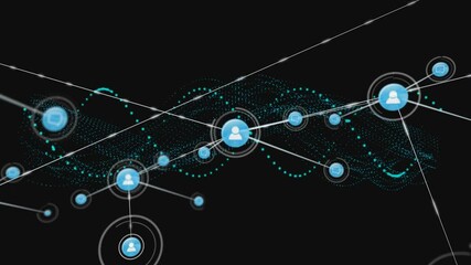 Poster - network of connections and data processing animation over black background