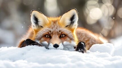 Poster - Adorable Red Fox Resting in Pristine Snowy Forest with Warm Winter Light : Generative AI
