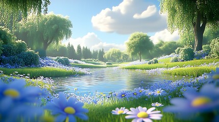 Aufkleber - Blossoming Meadow with Daisies and Weeping Willow Trees by a Sunlit River : Generative AI