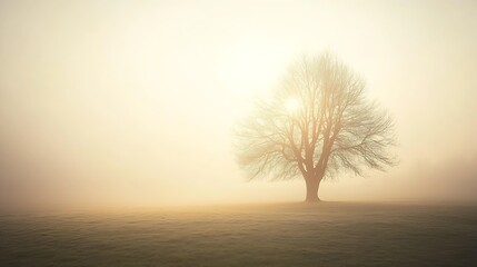 Poster - Lonely Tree in Misty Morning Field with Soft Warm Light : Generative AI