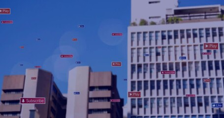 Poster - Play and Subscribe button animation over city buildings against blue sky