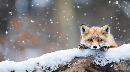 Poster - Playful Red Fox Peering Through Wintery Snowflakes in Enchanting Woodland Scene : Generative AI