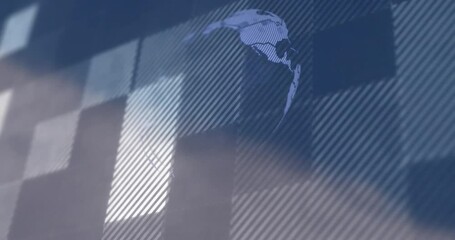 Poster - rotating globe with country names animation over blue digital grid background