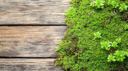 Poster - Lush Green Moss Covering Rustic Wooden Plank for a Natural Background : Generative AI
