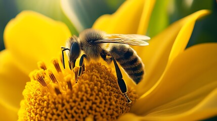 Poster - Honeybee perched on vibrant daisy in lush meadow under golden sunlight : Generative AI