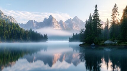 Poster - Tranquil Alpine Landscape with Misty Lake and Majestic Mountain Peaks : Generative AI