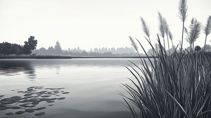 Poster - Serene Lake View with Tall Reeds and Calm Water in Misty Morning Landscape Setting : Generative AI