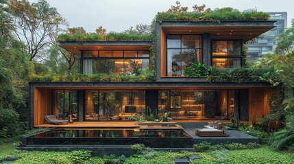 Poster - This remarkable contemporary house showcases an open, airy design surrounded by vibrant greenery. With floor-to-ceiling windows, it merges nature and comfort seamlessly