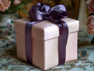 A cube-shaped pale pink gift box with a purpl