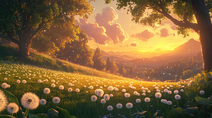 Wall Mural - A serene landscape at sunset, featuring a lush green meadow adorned with numerous dandelions in various stages of bloom. The dandelions are prominently displayed in the foreground, while the backgroun