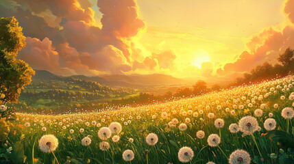 Wall Mural - A vibrant sunset over a vast field filled with dandelion puffs, illuminating the landscape with warm golden hues. The sky is adorned with fluffy clouds that transition from soft pink to deep orange, r