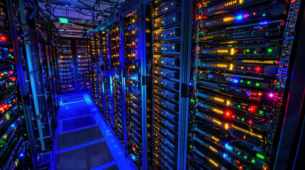 Poster - High resolution photograph of secure server room with colorful lights, showcasing advanced technology and organized equipment