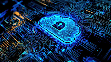 Poster - Digital cloud storage with secure lock symbol, representing data protection and technology innovation