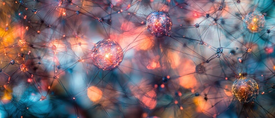 Fototapete - Abstract network of glowing spheres connected by lines, showcasing vibrant colors and intricate details, creating mesmerizing visual effect