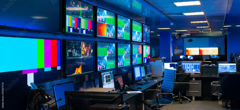Computer Control Room Backdrop abstract background with interior of control room in TV studio with ...