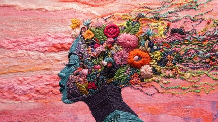 Wall Mural - Colorful embroidered portrait of a woman with floral hair, symbolizing creativity and nature in an artistic composition.