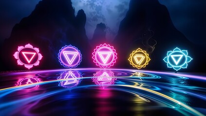 Wall Mural - Vibrant neon geometric symbols are displayed in a row, reflecting on a shiny surface. A smoky background adds a sense of mystery and depth.