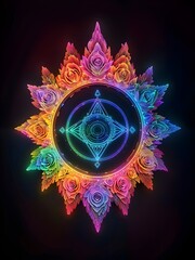 Wall Mural - A vibrant, symmetrical mandala radiates with a spectrum of colors, featuring intricate floral and geometric patterns. The design emanates a glowing, mystical aura on a dark background.