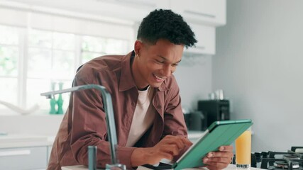 Aufkleber - Smile, man, and scroll on tablet in kitchen for communication, social media and reading chat. Happy, male person and digital app for search, streaming video and entertainment site with juice at house