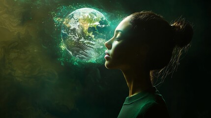Poster - Woman Contemplating Holographic Earth Representation in Digital Environment