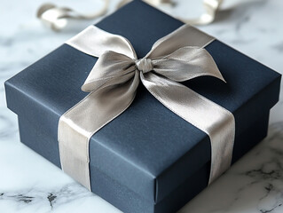 A matte navy gift box with a silver ribbon an