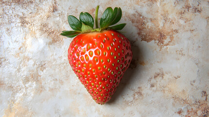 Sticker - Single, ripe strawberry with green leaves sits on a textured, beige surface.  The strawberry is vibrant red and appears juicy. A perfect image for food blogs, recipes or health related content.