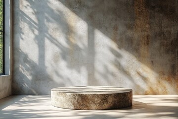 Poster - Natural Stone Platform for Cosmetic Display with Sunlit Shadows and Textured Background