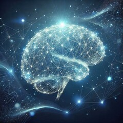 Poster - a futuristic digital artwork showcasing a glowing, wireframe representation of a human brain, ai