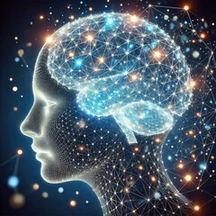 Poster - a futuristic digital artwork showcasing a glowing, wireframe representation of a human brain, ai