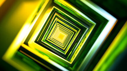 Poster - Abstract image of a vibrant green and yellow tunnel, creating a mesmerizing perspective of nested squares leading to a bright center.  Perfect for technology, energy, or futuristic themes.