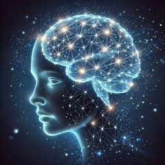 Poster - a futuristic digital artwork showcasing a glowing, wireframe representation of a human brain, ai