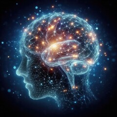 Poster - a futuristic digital artwork showcasing a glowing, wireframe representation of a human brain, ai