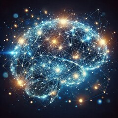 Poster - a futuristic digital artwork showcasing a glowing, wireframe representation of a human brain, ai