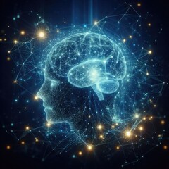 Poster - a futuristic digital artwork showcasing a glowing, wireframe representation of a human brain, ai