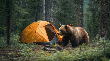 adventurous bear forest camping, wild tent animal wildlife woodland, rugged wilderness campsite adve