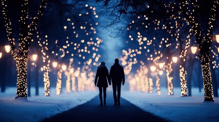 Wall Mural - Romantic winter stroll under twinkling lights