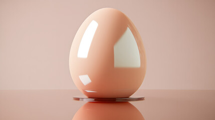 Poster - A single, glossy peach-colored egg rests on a small, dark circular base against a pale pink backdrop.  The egg's surface reflects light, creating subtle highlights.