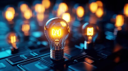 Wall Mural - Illuminated light bulbs on a circuit board background