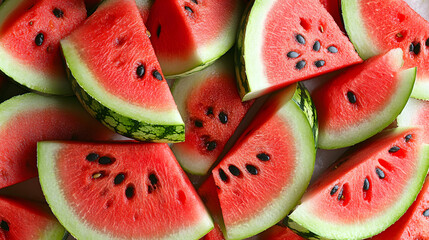 Canvas Print - Close-up of juicy watermelon slices, vibrant red flesh with black seeds, arranged in an appetizing pattern. Perfect for summer themes and healthy eating concepts.