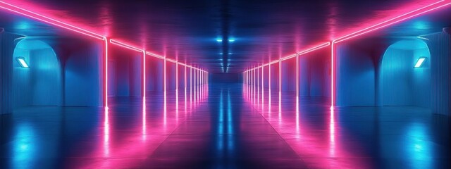 Poster - Futuristic Neon Corridor Cyberpunk Light Reflection Modern Abstract Design