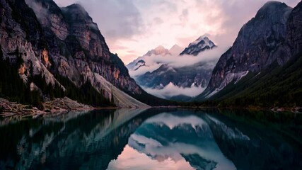 Wall Mural - A remote valley surrounded by towering misty mountains, their rocky faces looming over a serene lake